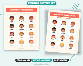 Tabella delle emozioni per bambini stampabile, poster delle emozioni, kit per l'angolo della calma, strumento di regolazione emotiva, decorazione murale per la scuola materna, set di 2 + carte