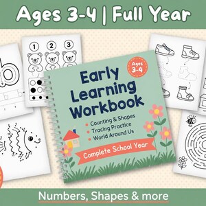 Pu&ograve; includere: Un quaderno di lavoro per l'apprendimento precoce per bambini dai 3 ai 4 anni, con attivit&agrave; di conteggio, forme e tracciamento. La copertina &egrave; verde chiaro con il titolo "Early Learning Workbook". Pagine aggiuntive includono lettere, numeri e labirinti.