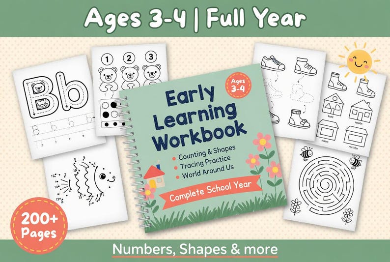 Pu&ograve; includere: Un quaderno di lavoro per l'apprendimento precoce per bambini dai 3 ai 4 anni, con attivit&agrave; di conteggio, forme e tracciamento. La copertina &egrave; verde chiaro con il titolo "Early Learning Workbook". Pagine aggiuntive includono lettere, numeri e labirinti.