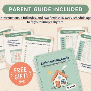 Pu&ograve; includere: Un libretto verde acqua di Early Learning Guide per bambini dai 3 ai 4 anni, con un'illustrazione di una casa, circondato da schede che illustrano i piani settimanali e le aree di competenza. Include un adesivo regalo gratuito e il testo: "Parent Guide Included".