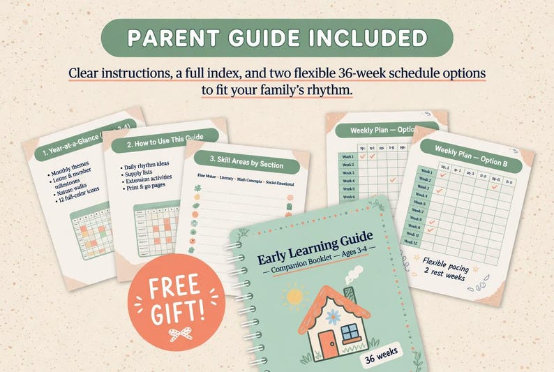 Pu&ograve; includere: Un libretto verde acqua di Early Learning Guide per bambini dai 3 ai 4 anni, con un'illustrazione di una casa, circondato da schede che illustrano i piani settimanali e le aree di competenza. Include un adesivo regalo gratuito e il testo: "Parent Guide Included".