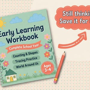 Pu&ograve; includere: Un quaderno di lavoro per l'apprendimento precoce intitolato "Early Learning Workbook" con una copertina verde, rilegatura a spirale e illustrazioni di sole, nuvole e fiori. Include sezioni per contare, forme e tracciare, adatto ai bambini di 3-4 anni.