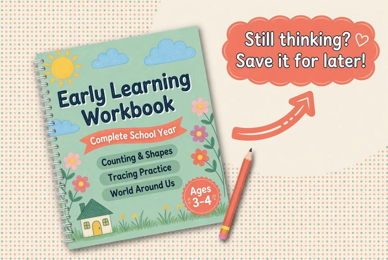 Pu&ograve; includere: Un quaderno di lavoro per l'apprendimento precoce intitolato "Early Learning Workbook" con una copertina verde, rilegatura a spirale e illustrazioni di sole, nuvole e fiori. Include sezioni per contare, forme e tracciare, adatto ai bambini di 3-4 anni.