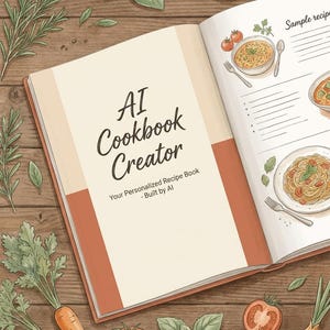 May include: An open cookbook with the title "AI Cookbook Creator" and the text "Your Personalized Recipe Book - Built by AI." The image features illustrations of food, including tomatoes, onions, and carrots, on a wooden surface.