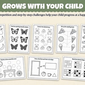 Pu&ograve; includere: Fogli di attivit&agrave; educative per bambini con vari esercizi di abbinamento e disegno. Le pagine presentano illustrazioni di frutta, farfalle, giocattoli, cibo e forme. Il testo "GROWS WITH YOUR CHILD" &egrave; in alto.