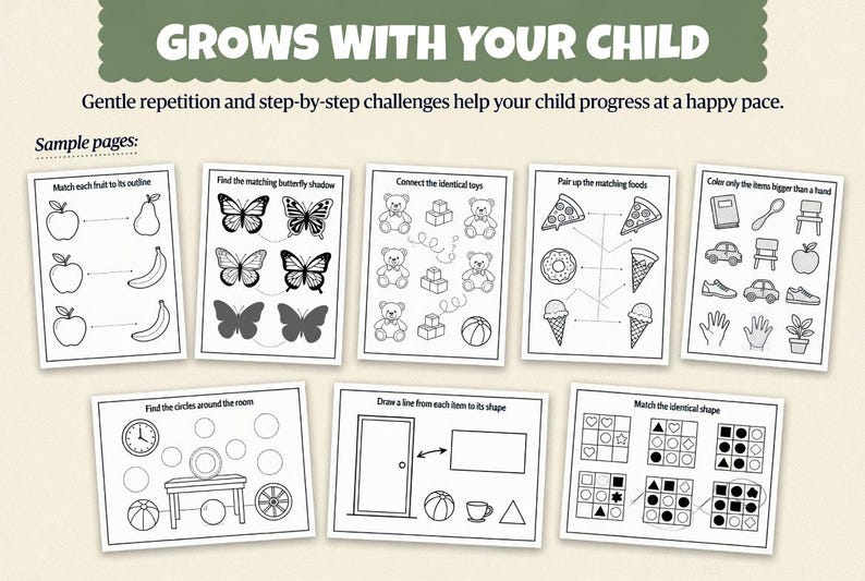 Pu&ograve; includere: Fogli di attivit&agrave; educative per bambini con vari esercizi di abbinamento e disegno. Le pagine presentano illustrazioni di frutta, farfalle, giocattoli, cibo e forme. Il testo "GROWS WITH YOUR CHILD" &egrave; in alto.