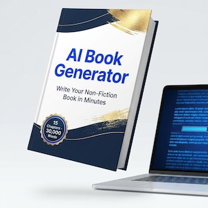 May include: A book titled "AI Book Generator" with the text "Write Your Non-Fiction Book in Minutes." The cover is white with blue and gold accents. A laptop is visible in the background. The book has a sticker that says "15 Chapters - 30,000 Words."