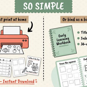 Pu&ograve; includere: Una risorsa educativa per l'apprendimento precoce, con una stampante, fogli di lavoro e un quaderno. L'immagine include il testo "SO SIMPLE", "Just print at home" e "Or bind as a book". Il quaderno si intitola "Early Learning Workbook".