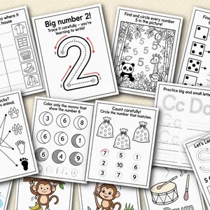 Pu&ograve; includere: Una raccolta di fogli di lavoro educativi per bambini. I fogli di lavoro presentano varie attivit&agrave;, tra cui abbinamenti, conteggio, tracciamento di numeri e lettere e identificazione di forme. Le pagine sono in bianco e nero con illustrazioni e testo colorati.