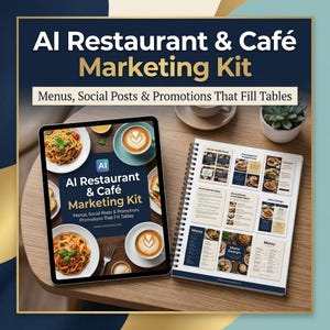 May include: A digital tablet displaying the AI Restaurant & Café Marketing Kit with images of pasta and coffee, alongside a spiral-bound notebook containing printed templates for social media posts, promotional ideas, and menu designs.