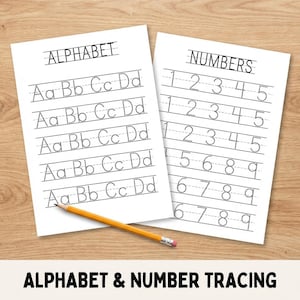 May include: Two white sheets with alphabet and number tracing exercises. The alphabet sheet shows dotted letters for tracing, and the number sheet displays numbers 1-9. A yellow pencil rests on the sheets. The text "ALPHABET & NUMBER TRACING" is at the bottom.
