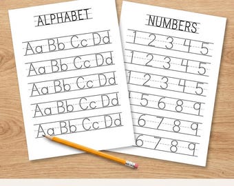 Schede di esercizi per imparare a tracciare l'alfabeto dalla A alla Z, pagine per imparare a tracciare i numeri, esercizi di scrittura a mano in formato PDF
