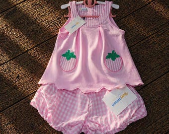 Conjunto de ropa rosa con estampado de fresas para niñas, pantalones cortos de cuadros vichy, ropa de verano para edades de 4 a 10 años.
