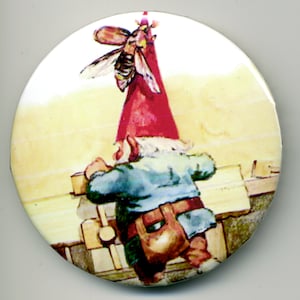Vintage Gnome Magnet or Pinback Buttons: Carpenter Gnome with Bee