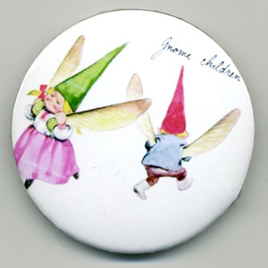 Vintage Gnome Magnet or Pinback Buttons: Gnome Children Pretending to be Dragonflies