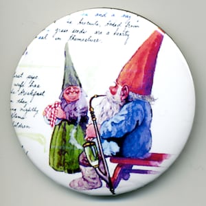Vintage Gnome Magnet or Pinback Buttons: A Gnome Lights His First Pipe
