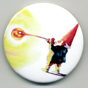 Vintage Gnome Magnet or Pinback Buttons: An Artisan Gnome Blowing Glass