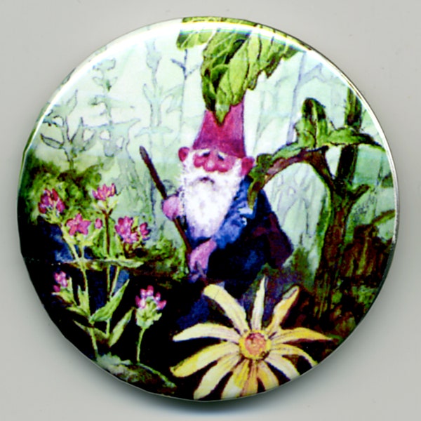 Vintage Gnome Magnet or Pinback Buttons: A Gnome in the Herb Garden