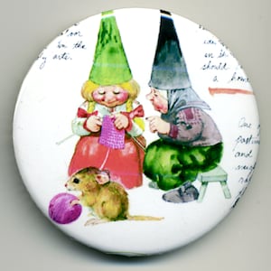 Vintage Gnome Magnet or Pinback Buttons: Gnome Girl Being Instructed in the Homely Arts