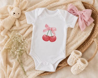 Cherry-babyromper met roze strik op de rug | Schattige romper voor babymeisjes | Coquette-baby-outfit | Rompertje aquarel kersenbloesem, kraamcadeau