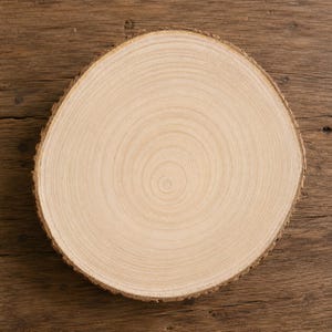May include: A circular wooden slice featuring a light beige, smooth sanded surface with visible concentric growth rings radiating from the centre. The outer edge retains the natural, textured, dark brown bark of the original tree trunk.