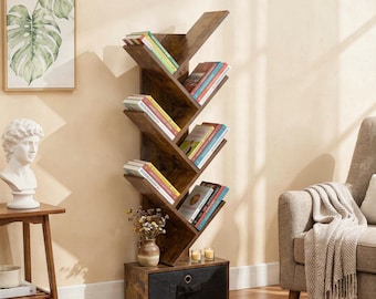 Estantería delgada con forma de árbol y cajón, estante de almacenamiento de madera estrecho de 7 niveles.