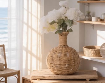 Handwoven Rattan Vase, Boho Wicker for Flowers, Rustic Farmhouse Decor, Vintage Style Vase