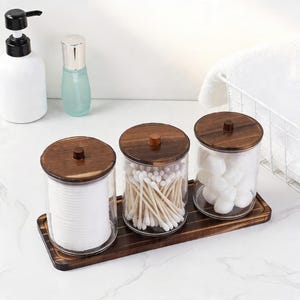 3 Pack Glass Bathroom Apothecary Jars with Wooden Lids and Tray, Cotton Ball Storage