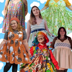 May include: Several individuals modelling dresses with vibrant patterns. The dresses showcase designs such as cartoon characters, floral motifs, and Halloween themes. The image includes the text "The Sweetheart Dress Sewing Pattern".