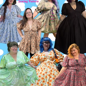 May include: A collection of six dresses featuring a V-neckline, puff sleeves, and a gathered waist with a tie front. The dresses are shown in various patterns including floral, fern, and solid black, with the text The Whimsical Dress Sewing Pattern.