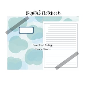 May include: Digital notebook design with a light blue cloud pattern on the left and lined pages on the right. The text "Digital Notebook" is at the top, with "Download today, GracePlanns" below the cloud design.