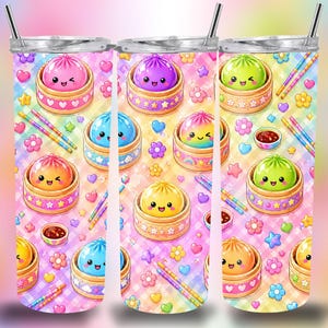 Adesivo PNG para copo térmico com estampa de dumplings, copo fino de 590ml, design kawaii de copo com dumplings, glitter arco-íris pastel, sublimação fofa de comida, dumplings com glitter.