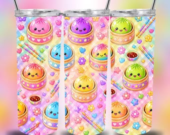 Dumpling Tumbler Wrap PNG, 20oz Skinny Tumbler, Kawaii Dumpling Cup Design, Pastel Rainbow Glitter, Cute Food Sublimation, Glitter Dumplings