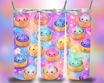 Dumpling Tumbler Wrap PNG, 20oz Skinny Tumbler, Kawaii Dumpling Cup Design, Pastel Rainbow Glitter, Cute Food Sublimation, Glitter Dumplings