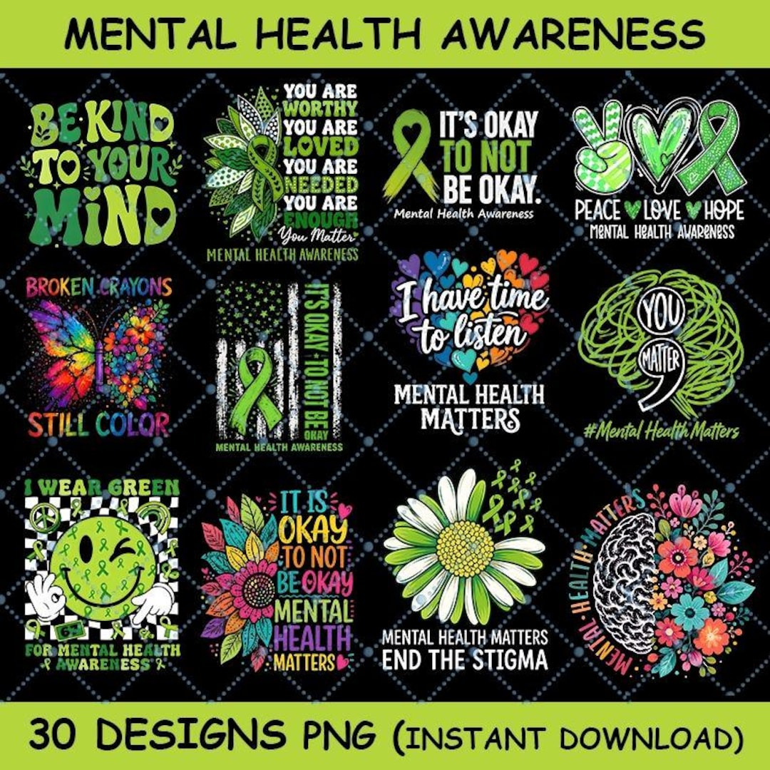 Mental Health Awareness PNG Bundle, Green Ribbon Support Squad Design ...