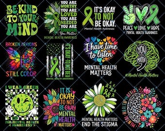 Mental Health Awareness PNG Bundle, Green Ribbon Support Squad Design, Fight The Stigma Shirt PNG, Mental Health Matters, Self Love png