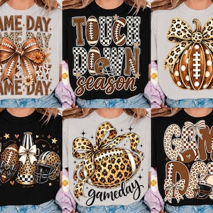 May include: A collection of six t-shirts featuring various graphic designs related to football. The prints include text like GAME DAY, TOUCH DOWN SEASON, and gameday, alongside illustrations of footballs, helmets, bows, and pumpkins with leopard patterns.