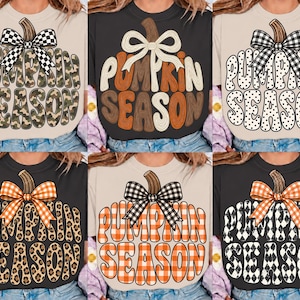 Pumpasäsong PNG-paket, preppy höstdesigner för Thanksgiving, leopardrutiga pumpor med ginghammönster och kamouflagemönster, retro höstskjorta