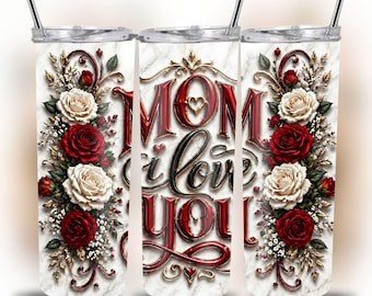 Diseño PNG para vaso térmico "Mamá, te quiero" / 20 oz, delgado, recto y cónico, diseño floral de mármol con rosas rojas, regalo para el Día de la Madre, sublimación para mamá.