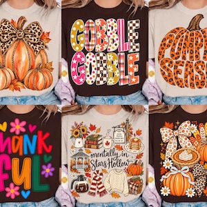 May include: A collection of six t-shirts featuring autumn-themed graphics including pumpkins with leopard print bows, the text GOBBLE GOBBLE, PUMPKIN SEASON, THANKFUL, Mentally in Stars Hollow with seasonal icons, and pumpkins with plaid bows.
