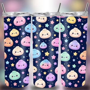 May include: Three stainless steel tumblers with a fun design. The tumblers have a navy blue background decorated with cartoon dumplings and stars in various colours. Each tumbler has a silver lid and a straw.