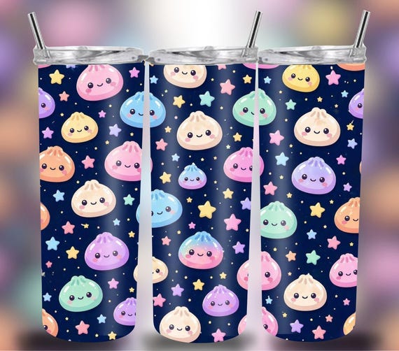 Kawaii Dumpling Tumbler Wrap PNG | 20oz Skinny Straight & Tapered, Dark Pastel Cute Food, Seamless Pattern,Glitter Rainbow Kawaii Drinkware