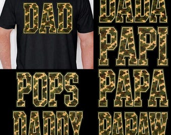 Camo Dad Bundle PNG, Father’s Day Family Names Bundle, Dad Grandpa Papa Pops PNG, Vintage Camouflage Dad Shirt Design, Sublimation PNG