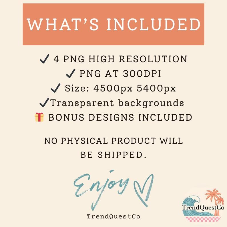 May include: A digital product graphic with the text "WHAT'S INCLUDED" in a peach-colored rectangle. The graphic lists features such as high-resolution PNG files, 300 DPI, and transparent backgrounds. The text "Enjoy" is written in cursive, and the TrendQuestCo logo is at the bottom.