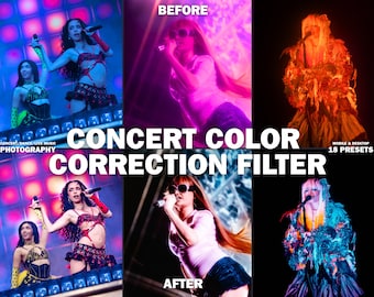 May include: A digital product featuring 18 concert color correction presets for mobile and desktop. The image displays three side-by-side comparisons of live music photography, showing before and after color adjustments for stage lighting.