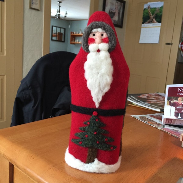 Tree Topper Needle Felted Santa   Done On Red Felted Wool