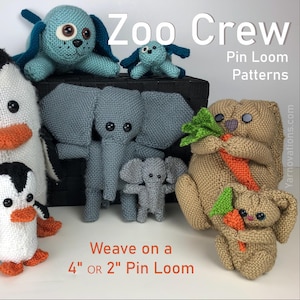 Puede incluir: Una colección de patrones de animales tejidos a mano, incluyendo pingüinos, perros, elefantes y un koala sosteniendo una zanahoria. El texto "Zoo Crew" y "12 Animals Pattern PDF" son visibles. Los patrones están diseñados para un telar de 10 cm o 5 cm.