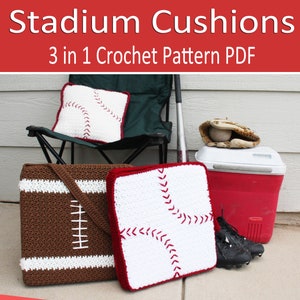 Stadium Cushions 3 in 1 Crochet Pattern PDF Football and Baseball Stadium Seat Cushions and Baseball Pillow Zipper Shoulder Strap image 1