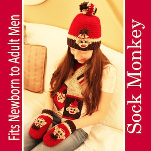 May include: A red crocheted hat with a monkey face design, a matching scarf, and mittens. The hat has a brown pom-pom on top. The scarf and mittens also feature monkey faces. The set is made of yarn and is suitable for both adults and children.