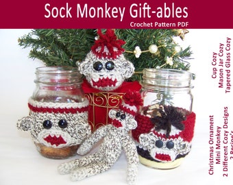 Sock Monkey Toys and Gifts: 2 Cup Cozy Designs, Christmas Ornament, Stuffed Animal - Crochet Pattern Cozy for Mason Jar Mug Tapered Glass
